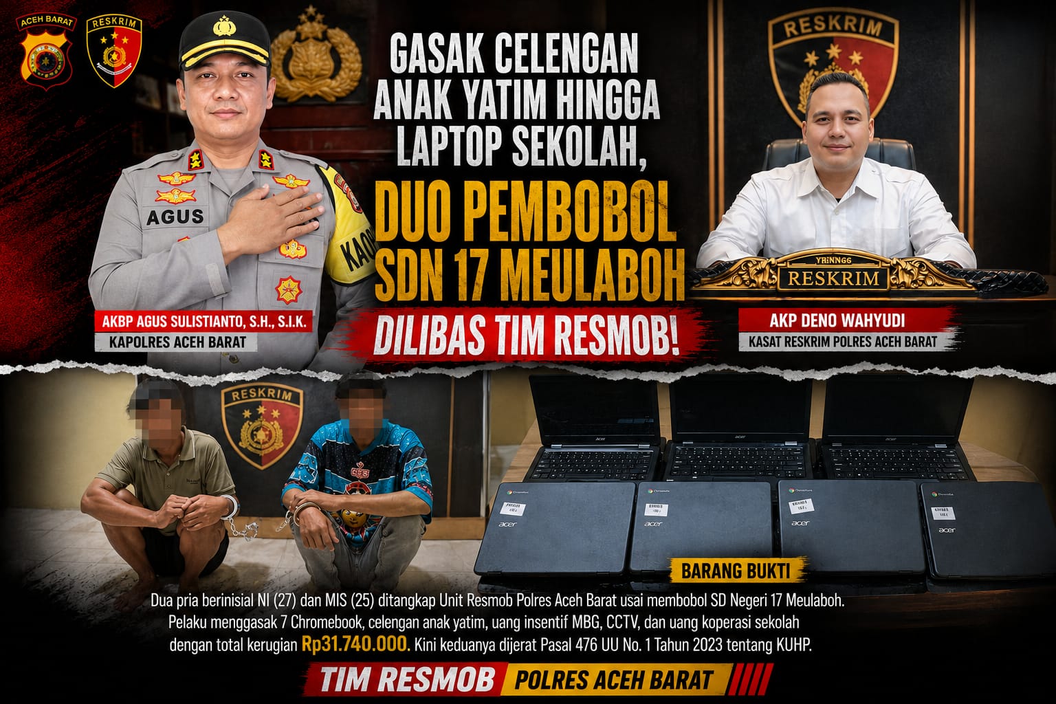 Unit Resmob Satuan Reserse Kriminal Polres Aceh Barat menangkap dua pria berinisial NI (27) dan MIS (25) yang diduga sebagai pelaku pencurian di SD Negeri 17 Meulaboh, Kecamatan Johan Pahlawan. Keduanya dibekuk di Kompleks Perumahan Caritas BB II, Desa Blang Berandang, Selasa (1/9/2026) malam